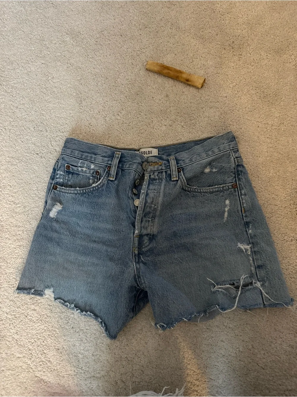 Agolde Parker Long Distressed High-Rise Denim Cutoff Shorts in Medium Blue